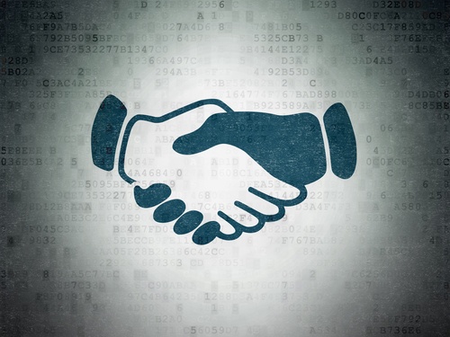 Politics concept: Handshake on Digital Paper background